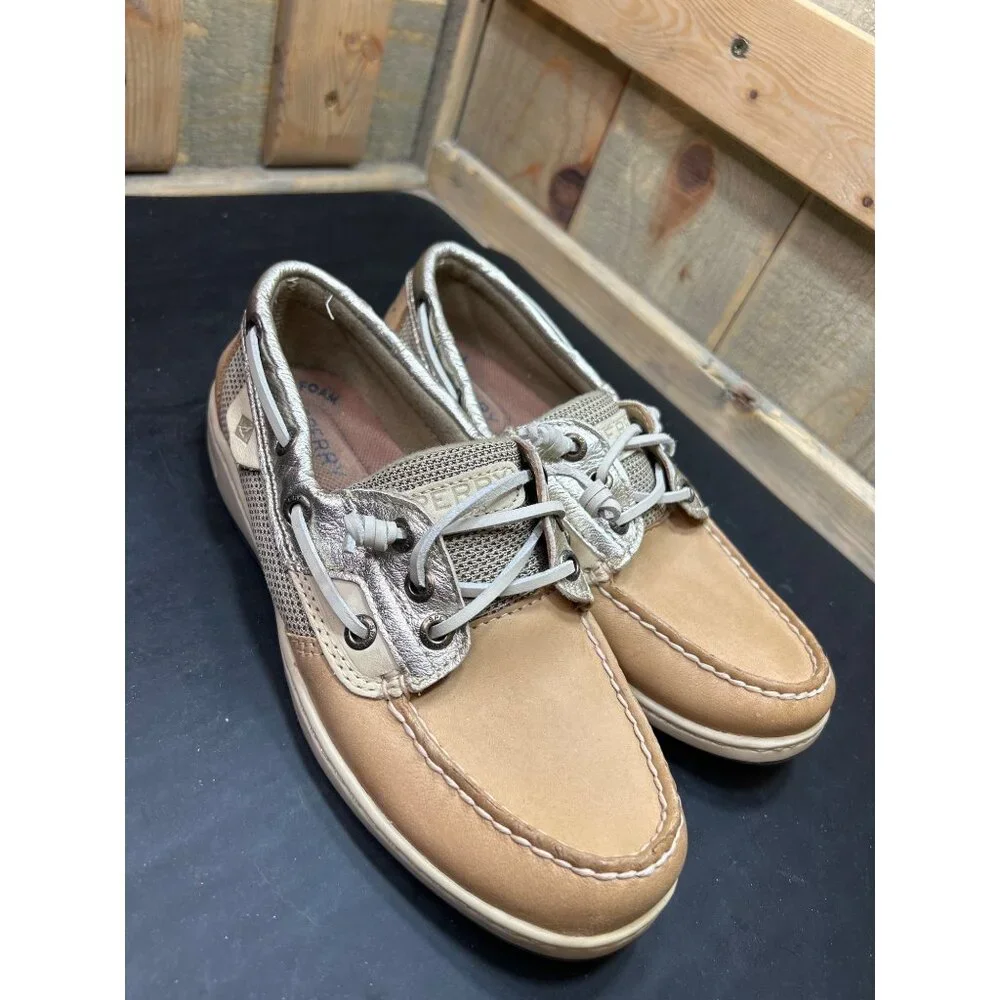 Sperry Womens Memory Foam Tan & Gold Boat Shoes Size 5.5